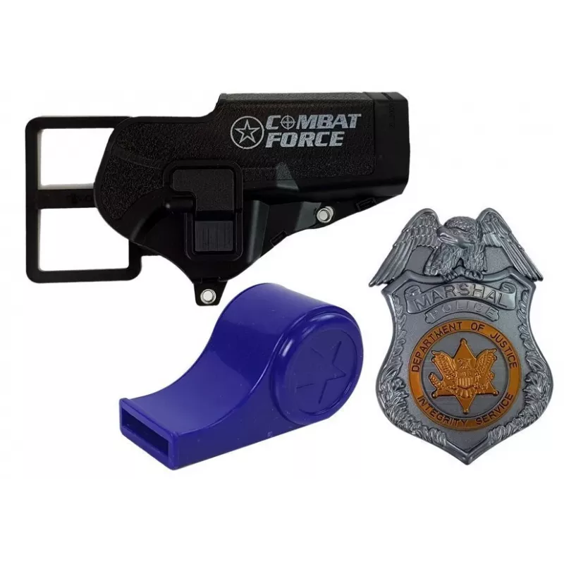 LEAN TOYS Policijos rinkinys su revolveriu 20 cm, ženkleliu, dėklu, švilpuku, garso ir šviesos efektais