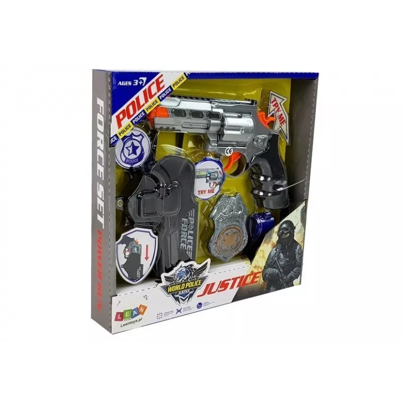 LEAN TOYS Policijos rinkinys su revolveriu 20 cm, ženkleliu, dėklu, švilpuku, garso ir šviesos efektais