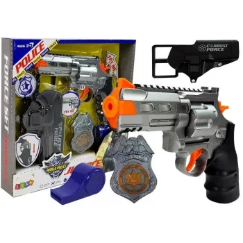 LEAN TOYS Policijos rinkinys su revolveriu 20 cm, ženkleliu, dėklu, švilpuku, garso ir šviesos efektais
