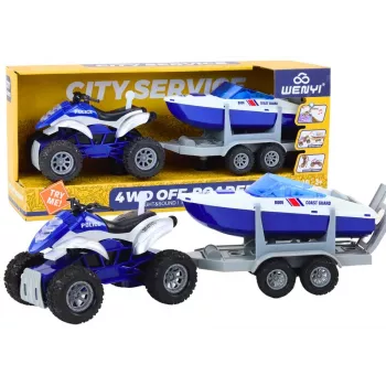 LEAN TOYS policijos kvadraciklis su priekaba ir motorine valtimi