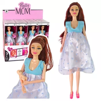 LEAN TOYS Pregnant Mom Baby Doll su atsidarančiu pilvuku ir mėlyna suknele 30 cm