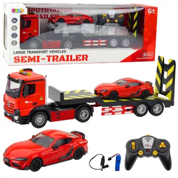 LEAN TOYS Automobilių pervežimo komplektas su nuotolinio valdymo vilkiku ir raudonu sportiniu automobiliu, 1:16 (22707)