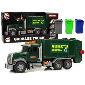 LEAN TOYS Šiukšliavežis su konteineriais Tamsiai Žalia su Garsu ir Šviesomis