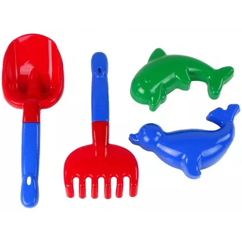 LEAN TOYS Smėlio aksesuarų 4 dalių rinkinys – kastuvėlis, grėblys, 2 formelės, patvari plastika, nuo 12 mėn.