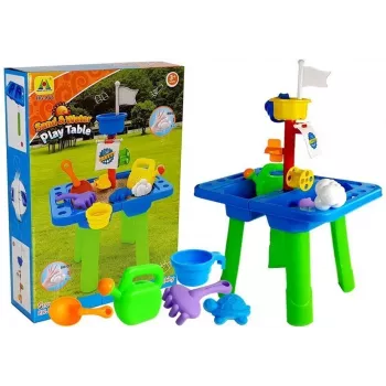 LEAN TOYS Smėlio staliukas su formelėmis, kastuvėliu, grėbliuku ir debesėliu – įvairiaspalvis
