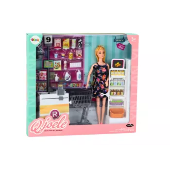 LEAN TOYS Prekių lentynų komplektas su lėle, vežimėliu ir maisto produktais