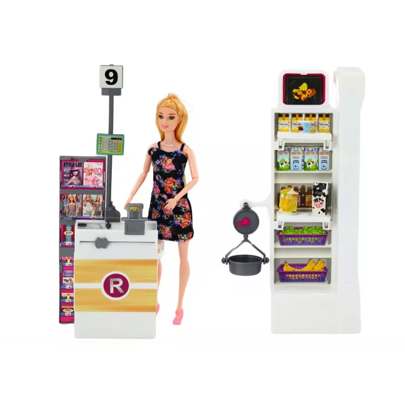 LEAN TOYS Prekių lentynų komplektas su lėle, vežimėliu ir maisto produktais