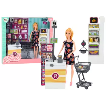 LEAN TOYS Prekių lentynų komplektas su lėle, vežimėliu ir maisto produktais