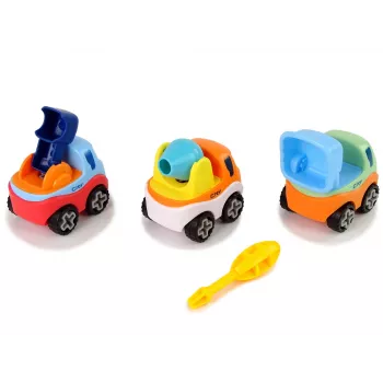LEAN TOYS 3 statybinių mašinų rinkinys su atsuktuvu – betono maišyklė, kranas, savivartis