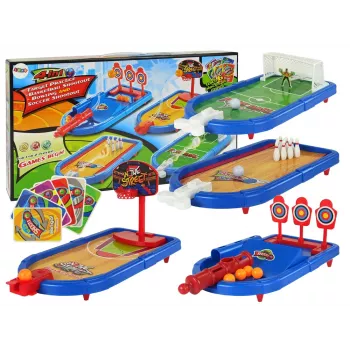 LEAN TOYS 4-in-1 Arcade Games rinkinys – Krepšinis, Futbolas, Skydas, Smiginis boulingas