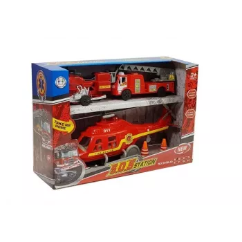 LEAN TOYS Gaisrinės transporto priemonių rinkinys: automobilis, sraigtasparnis, motociklas su šviesos ir garso efektais