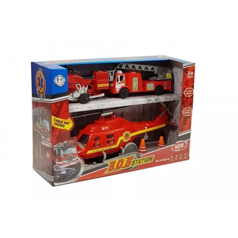 LEAN TOYS Gaisrinės transporto priemonių rinkinys: automobilis, sraigtasparnis, motociklas su šviesos ir garso efektais