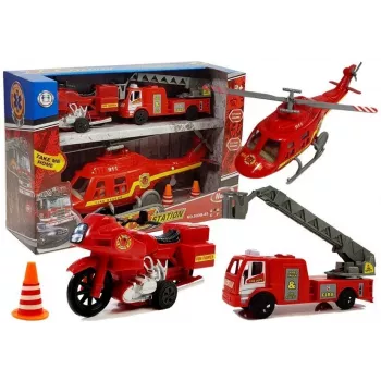 LEAN TOYS Gaisrinės transporto priemonių rinkinys: automobilis, sraigtasparnis, motociklas su šviesos ir garso efektais