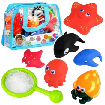 LEAN TOYS Maudymosi jūrų gyvūnų rinkinys su guminiu žvejybos sieteliu, 12 vnt.