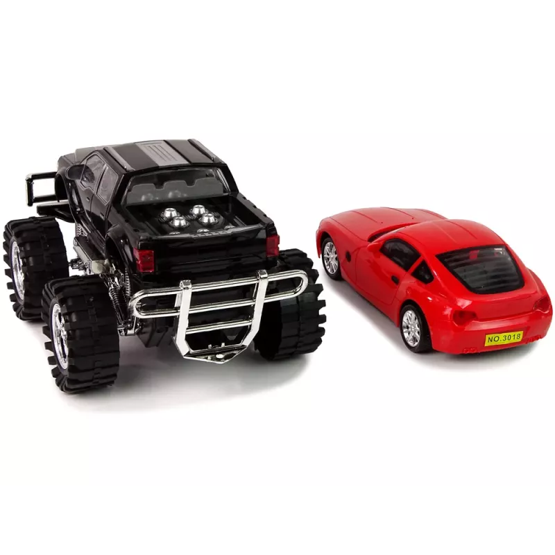 LEAN TOYS Transporto priemonių rinkinys: Juodas monster truck ir baltas kemperis 58 cm