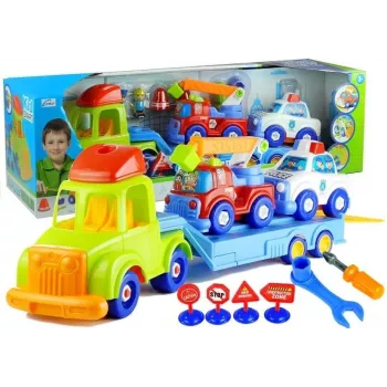 LEAN TOYS Automobilių rinkinys: policija, gaisrinė, autovežis, išardomi automobiliai