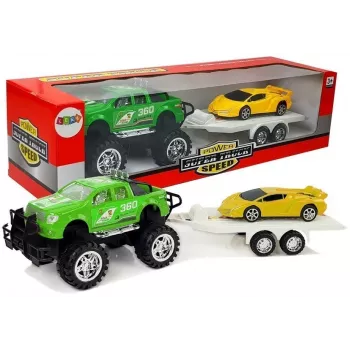 LEAN TOYS Automobilių rinkinys Geltoni sportiniai automobiliai Žali visureigiai su inerciniu mechanizmu