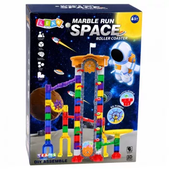 LEAN TOYS kosminio takelio konstruktorius 153 vnt. - 3D spalvingas marmuro bėgių rinkinys su tuneliais ir kamuoliukais
