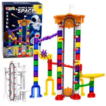 LEAN TOYS kosminio takelio konstruktorius 153 vnt. - 3D spalvingas marmuro bėgių rinkinys su tuneliais ir kamuoliukais