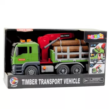 LEAN TOYS Timber Transport Truck su kranu, rąstais, šviesomis ir garsais – statybinė transporto priemonė