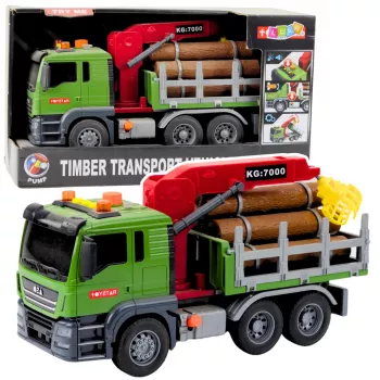LEAN TOYS Timber Transport Truck su kranu, rąstais, šviesomis ir garsais – statybinė transporto priemonė