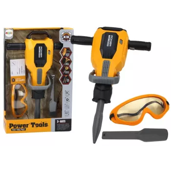 LEAN TOYS Pneumatinis plaktukas su šalmu ir akiniais – geltonas, 3+ metų, su šviesos ir garso efektais, 4 dalių rinkinys
