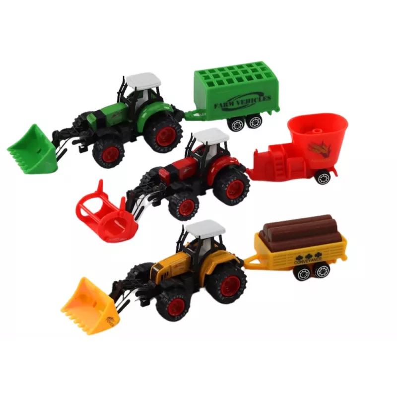 LEAN TOYS Traktorius su priekaba, ekskavatoriumi ir buldozeriu – žemės ūkio mašinų rinkinys, 3 spalvos