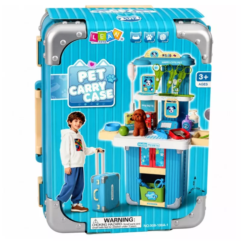 LEAN TOYS Veterinarijos lagaminas su šuns priežiūros rinkiniu, rudos spalvos, 12 dalių vaidmenų žaidimų rinkinys