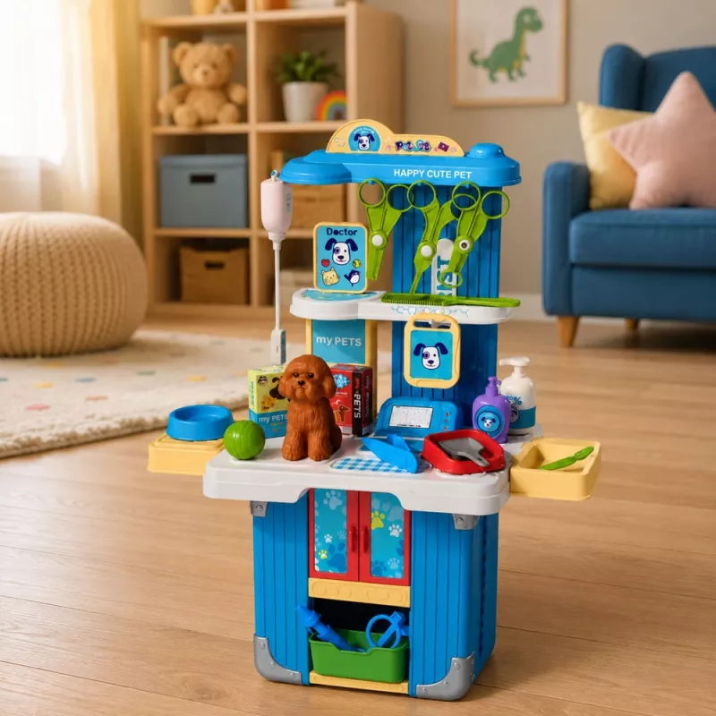 LEAN TOYS Veterinarijos lagaminas su šuns priežiūros rinkiniu, rudos spalvos, 12 dalių vaidmenų žaidimų rinkinys