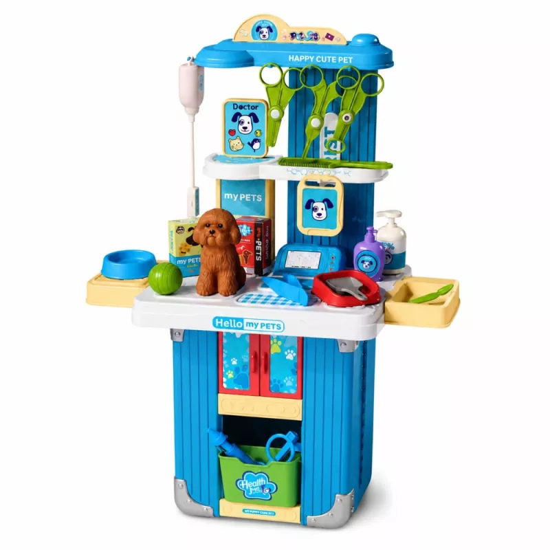 LEAN TOYS Veterinarijos lagaminas su šuns priežiūros rinkiniu, rudos spalvos, 12 dalių vaidmenų žaidimų rinkinys