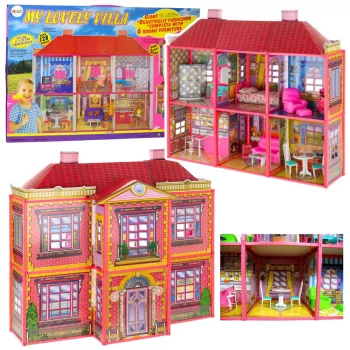LEAN TOYS Villa didelis lėlių namelis 6 kambariai baldai priedai 128 vnt.