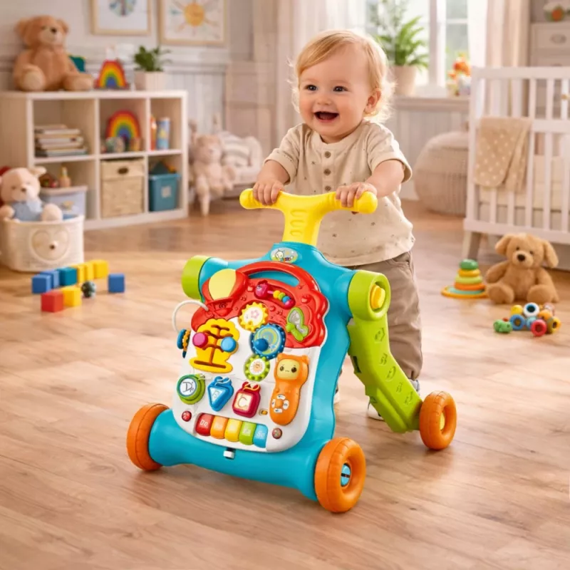 LEAN TOYS 5-in-1 vaikštynė, stūmiklis, paspirtukas, mokomasis stalas, interaktyvus skydelis – spalvingas