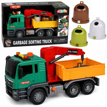 LEAN TOYS Šiukšlių rūšiavimo sunkvežimis su kranu, konteineriais, inercine pavara, šviesa ir garsu