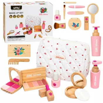LEAN TOYS Medinis grožio rinkinys mergaitėms su baltu kosmetiniu krepšeliu, 17 dalių