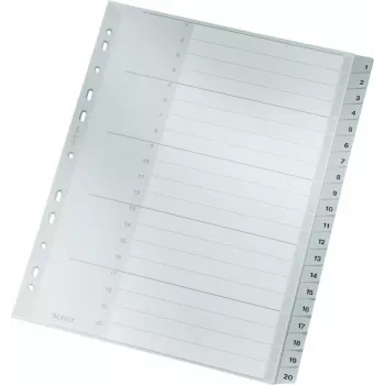 LEITZ 1284 A4 itin platūs skaitmeniniai skirtukai 1-20, pilki, 20 dalių, polipropilenas, 0,12 mm, su rašoma viršelio kortele 1284-00