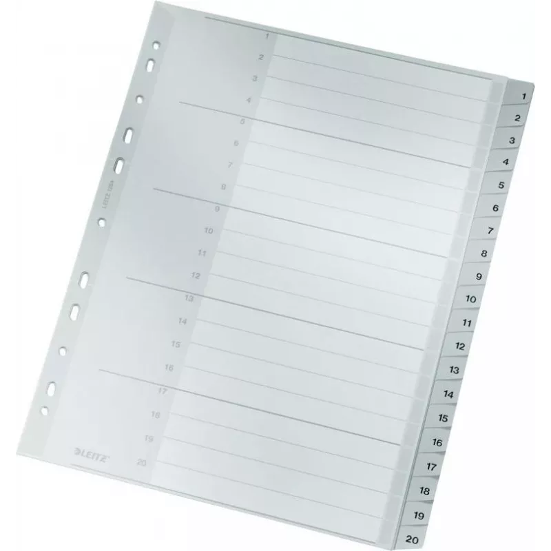 LEITZ 1284 A4 itin platūs skaitmeniniai skirtukai 1-20, pilki, 20 dalių, polipropilenas, 0,12 mm, su rašoma viršelio kortele 1284-00