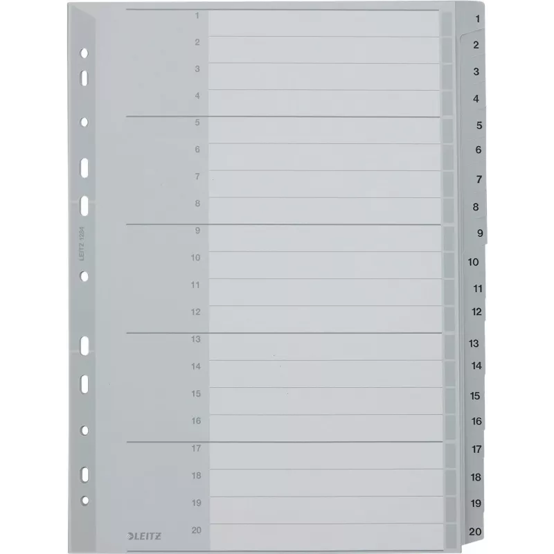 LEITZ 1284 A4 itin platūs skaitmeniniai skirtukai 1-20, pilki, 20 dalių, polipropilenas, 0,12 mm, su rašoma viršelio kortele 1284-00