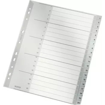 LEITZ 1284 A4 itin platūs skaitmeniniai skirtukai 1-20, pilki, 20 dalių, polipropilenas, 0,12 mm, su rašoma viršelio kortele 1284-00