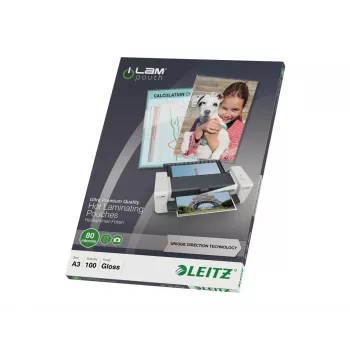 Leitz 7485-00-00 A3 laminavimo kišenės, blizgios, skaidrios, 125 mikronų, 100 vnt.