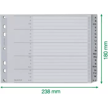 Leitz A-Z abėcėliniai skirstytuvai, A4, pilki plastikiniai skirtukai ant 250 g/m² kartono, 20 dalių, 11 skylių universalus perforavimas 1262-01-00