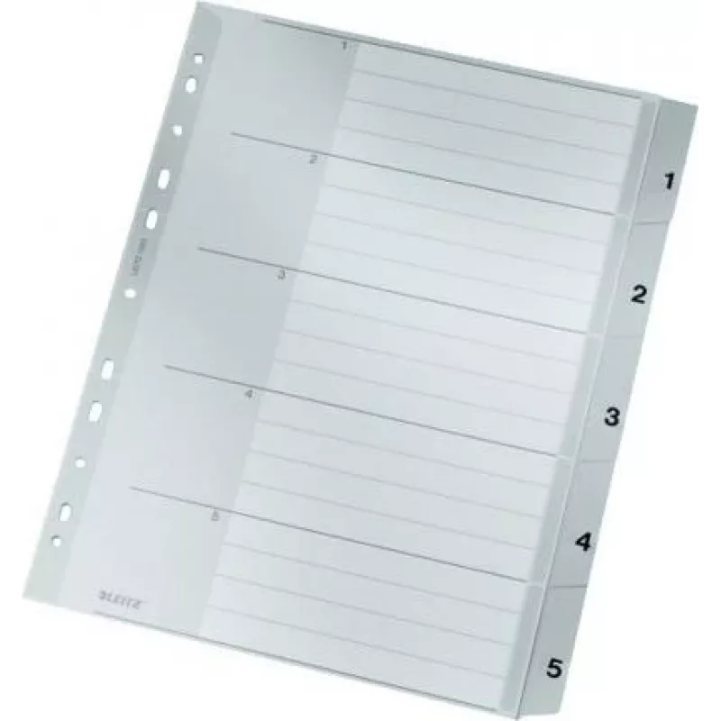 LEITZ A4 itin platūs PP registro skirtukai 1-5, pilki su rašoma viršelio kortele 1283-00-85