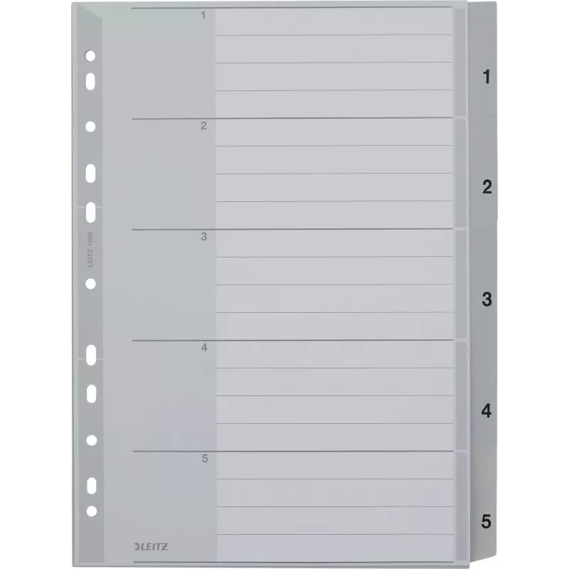 LEITZ A4 itin platūs PP registro skirtukai 1-5, pilki su rašoma viršelio kortele 1283-00-85
