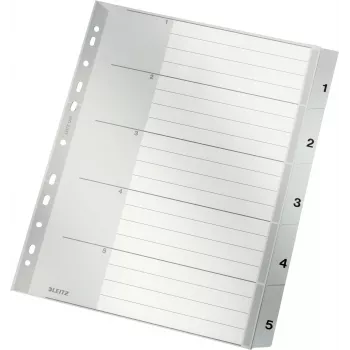 LEITZ A4 itin platūs PP registro skirtukai 1-5, pilki su rašoma viršelio kortele 1283-00-85