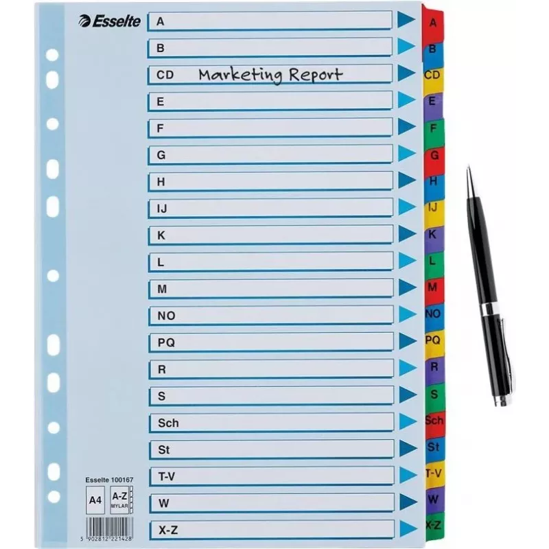 LEITZ A4 Mylar A-Z registro skirtukai, 26 liežuvėliai, įvairiaspalviai, universalus perforavimas, 160 gsm, 1 rinkinys (100167)