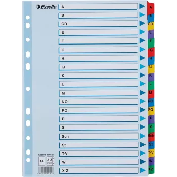 LEITZ A4 Mylar A-Z registro skirtukai, 26 liežuvėliai, įvairiaspalviai, universalus perforavimas, 160 gsm, 1 rinkinys (100167)