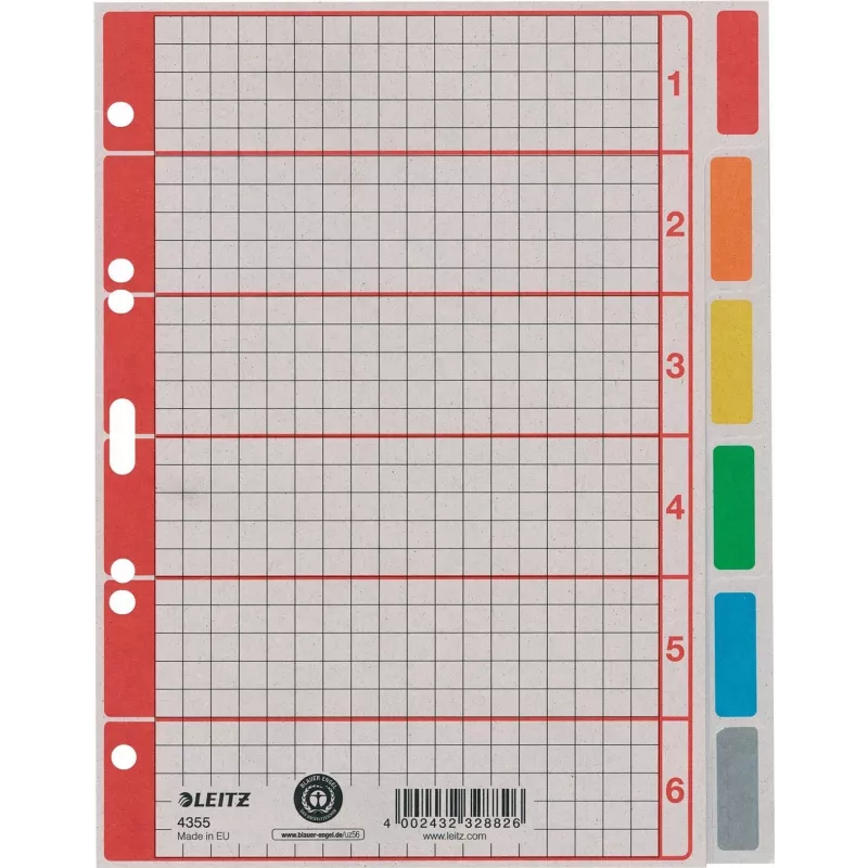 LEITZ itin tvirti kartoniniai registro skirtukai, tušti, A5, 6 dalių, pilki 230 g/m², rašomas viršelio lapas su tinkleliu 4355-00-85