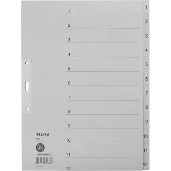 LEITZ Manilos skirtukai, skaitmeniniai 1-12, A4 itin platūs, pilki, 12 dalių, 100 gsm, 80 mm perforacija, sustiprintos skylės 1233-00-85