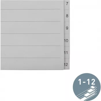 LEITZ Manilos skirtukai, skaitmeniniai 1-12, A4 itin platūs, pilki, 12 dalių, 100 gsm, 80 mm perforacija, sustiprintos skylės 1233-00-85