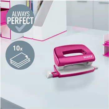 Leitz NeXXt Series WOW metalinis mini skylių mušimo įrenginys, rausvas, 2 skylės, 10 lapų, metalinė apdaila 5060-10-23