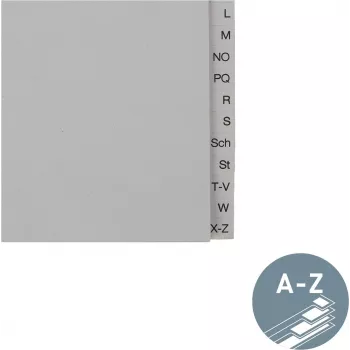 LEITZ Tauenpapier registro skirtukai, A-Z, A4, pusės aukščio, 20 dalių, pilki, 100 gsm, 80 mm perforacija, su skylių sutvirtinimu (6095-00-85)